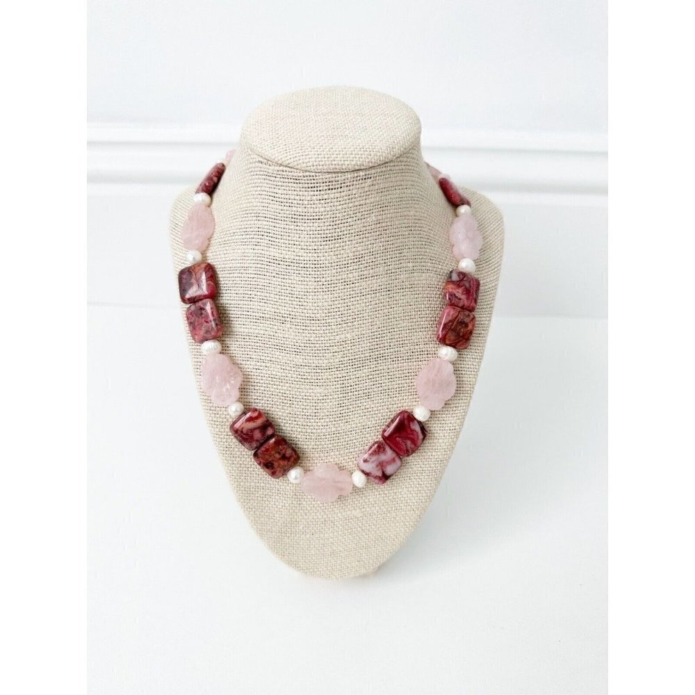 NWT Genuine Maroon Jade, Rose Quartz & Pearls Necklace Carved Flowers Pink White